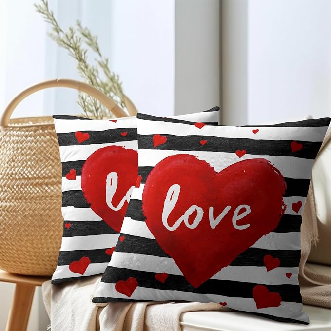 Kawani Valentine's Day Throw Pillow Covers 18x18 Inches 2Pcs Love Hearts Black Stripes Pillowcase Decorative Cotton Linen Square Cushion Cover for Wedding Anniversary Couch Bed Decor