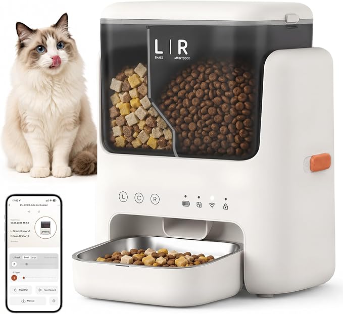 Automatic Cat Feeder, Dual Hopper for Meals & Treats, App Control | Two dry food choices, app feeding plans, 5L capacity, removable bowl, and backup power option for indoor feeding.
