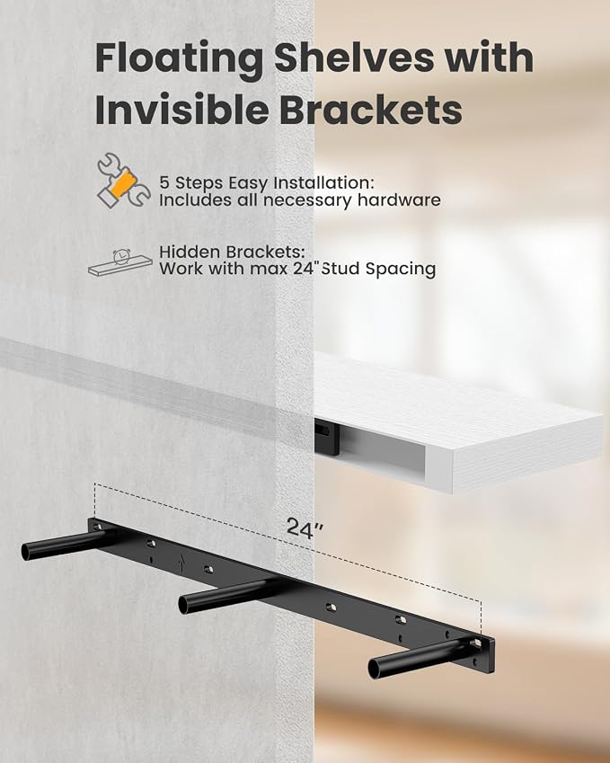 AMADA HOMEFURNISHING 47.2" L Floating Shelves, Wall Shelves Set of 3 for Bathroom/Living Room/Bedroom/Kitchen, White Floating Shelves for Wall Decor with Invisible Brackets - AMFS55W
