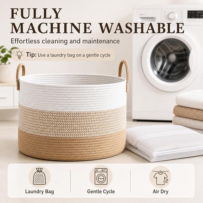JMvicyroam 115L Extra Large Machine Washable Cotton Rope Blanket Basket | Collapsible laundry hamper, Reinforced handles, For blankets,pillows,toys and clothes, Living room and bedroom,White&Jute Mix
