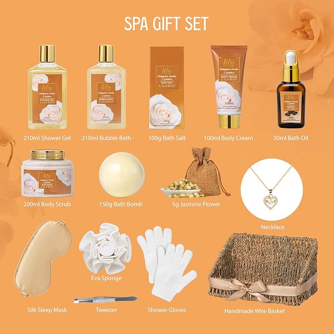 Mothers Day Gift Basket for Mom, Gifts for Women, Spa Gift Basket for Women - Vanilla Bath and Body Gift Basket Set, Spa Kit | Gifts for Christmas, Valentines Day, Birthday, Bath Spa Gift Sets for Her