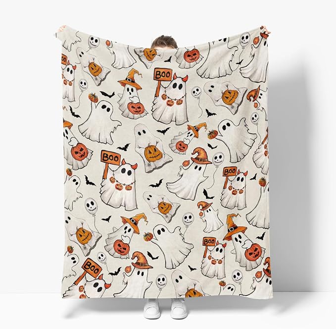 Horaldaily Halloween Beige Ghost Pumpkin Skulls Flannel Throw Blanket 40x50 | All Season Using Ultra Soft Fuzzy Plush Cozy Non-shedding Blanket for Couch Sofa Bed Camping, Ideal Gift for Kids Adults