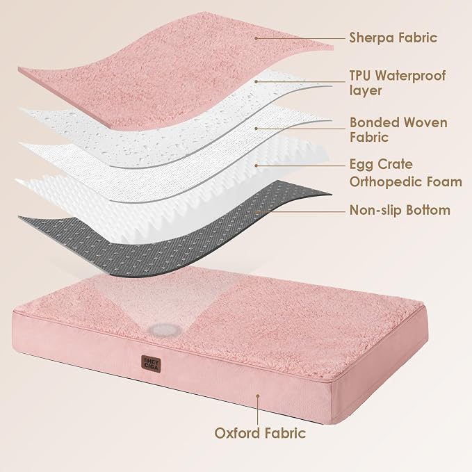 EHEYCIGA Orthopedic Dog Bed Large with Removable Washable Cover, 47IN Pink | Egg Crate Foam Support, Durable Oxford fabric, Non-Slip Bottom, Machine Washable, Soft Waterproof Plush Pet Bed Mat For Crate