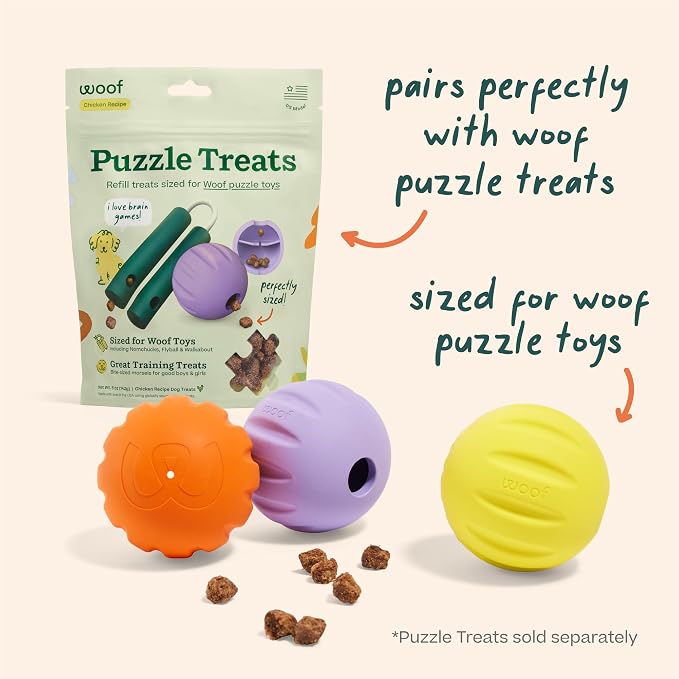 WOOF Flyball Fetch Ball & Dog Treat Dispenser Toy, 3-Pack | 2-in-1 fetch ball, fits standard ball launchers, treat dispenser, durable rubber, dishwasher safe, puzzle enrichment
