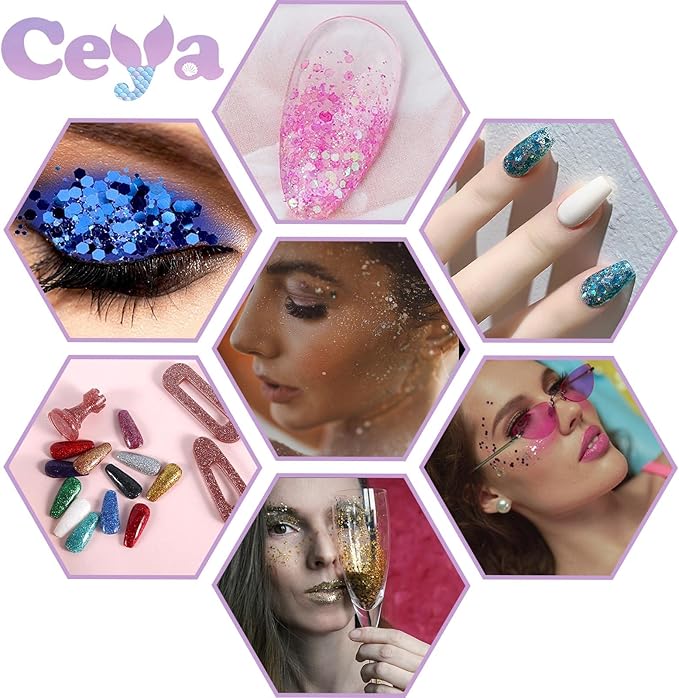 Ceya Chunky Glitter Set 32 Colors, 11.28 oz/ 320g Craft Glitter Powder Mixed Chunky Fine Sparkle Flakes Each 15ml Iridescent Nail Sequins for Epoxy Resin Nail Art Tumbler Slime Festival Decor