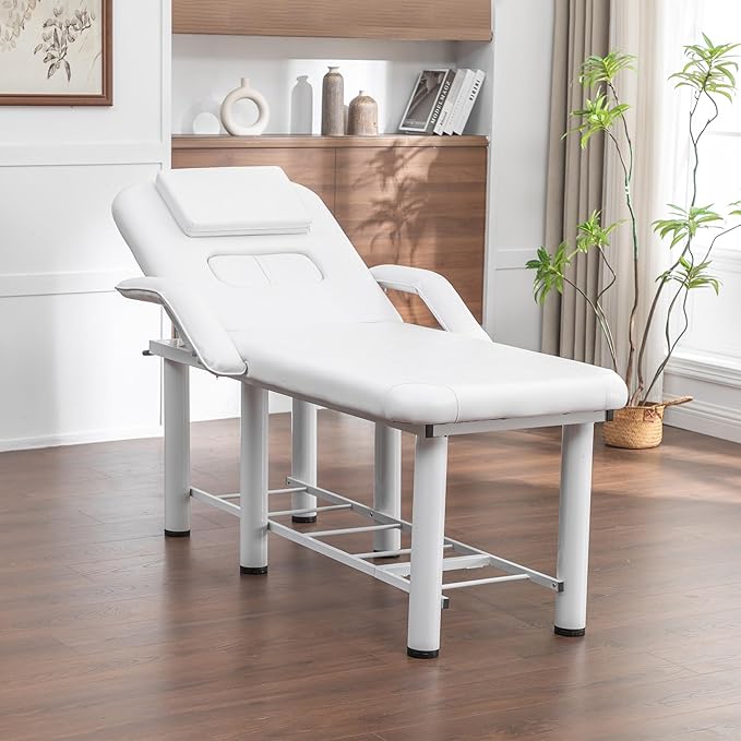 Professional Massage Treatment Bed 73.6 Inch with Handrail, Spa Facial Salon Bed with Removable Headrest & Chest Cushions, Stationary Physical Therapy Table with Adjustable Backrest, Steel Frame
