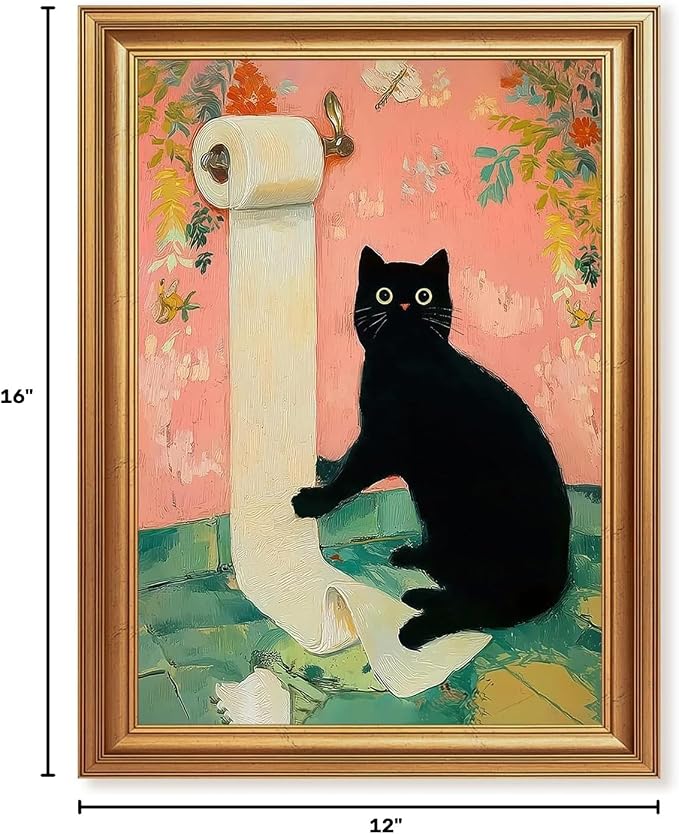 ICHZUMW Gold Framed Funny Black Cat Toilet Paper Canvas Wall Art, 12x16 In | Quirky Cat Print Humorous Pink Bathroom Wall Decor, Restroom Powder Room Guest Toilet, Fade Resistant, Ready to Hang