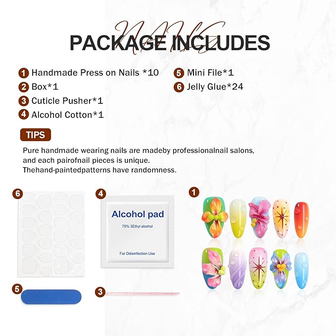 Handmade Press On Nails Almond, French Tips with 3D Flowers Water Droplets Design Short Fake Nails, Salon-Quality Reusable, 10Pcs Includes Adhesive Pads & Nail File, Women's Fall/Winter Gift