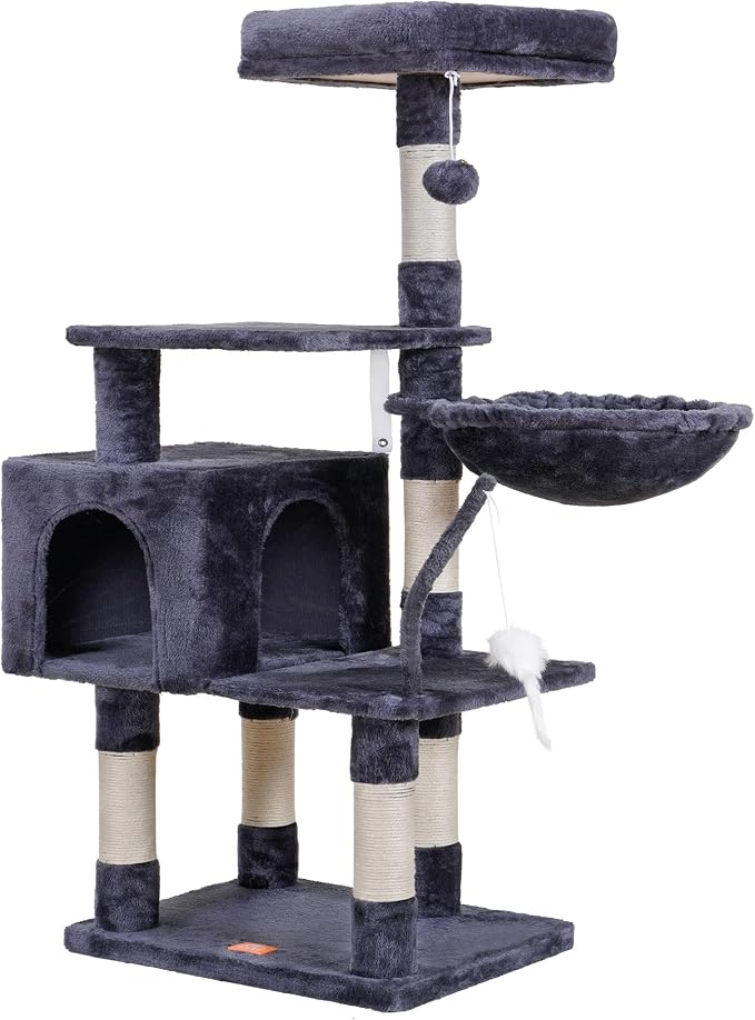 Heybly Cat Tree with Toy, 43.3 inch Cat Tower for Indoor Cats HCT004G | Cat Condo with Durable Sisal Scratching Posts, Cat House with Padded Plush Perch, Cozy Hammock, Smoky Gray