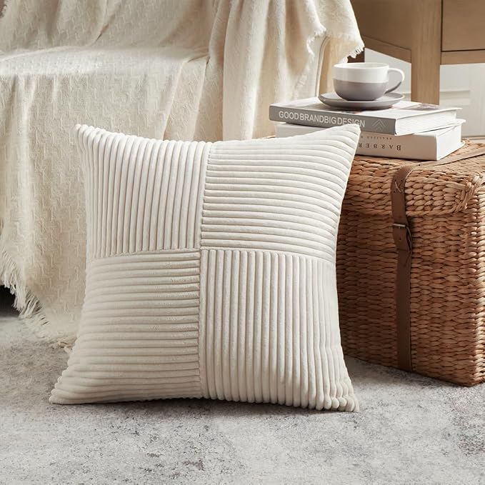 Fancy Homi Cream Decorative Throw Pillow Covers 20x20 Inch for Living Room Couch Bed Sofa, Rustic Farmhouse Boho Home Decor, Soft Corss Corduroy Patchwork Accent Square Cushion Case 50x50 cm