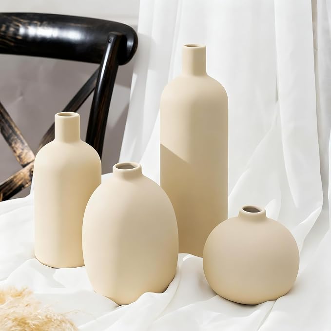 Beige Ceramic Vase Set of 4, Modern Neutral Colors Home Decor, Rustic Farmhouse Decorative Flowers Vases for Bouquet, Pampas | Table Mantel Centerpiece Bookshelf Living Room Bedroom (Beige)