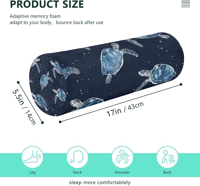 Sea Turtle Navy Blue Neck Roll Pillow Bolster Round Health Memory Foam Long Cervical Cylinder Pillows with Removable Washable Cover for Body Bed Legs Back Yoga