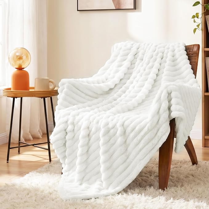 Off White Throw Blanket for Couch & Bed, 50 x 60 Inch | 300GSM Ribbed Fleece Blanket, Soft, Cozy & Lightweight, OEKO-TEX Certified, All-Season Use for Travel, Dorm & Home Decor