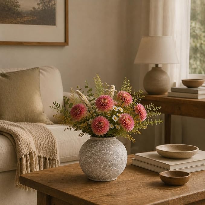 Ceramic Flower Vase, 5.5 Inch Round Textured Vase for Home Decor | Handmade ceramic vase with unique textured design, perfect for living room shelves, tables, centerpieces and farmhouse decor.