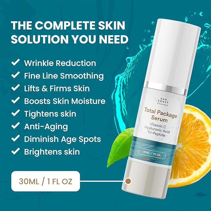Sun Coast Sciences - Total Package Serum, All-In-One Vitamin C, Hyaluronic Acid, Anti-Aging Facial Super Serum for Wrinkles, Age Spots - 1 fl oz (Pack of 2)