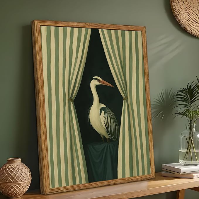 Framed Moody Heron Wall Art, Eclectic Vintage Bird Pictures Wall Decor Paintings, Surreal Whimsical Animal Canvas Prints Unique Humorous Home Decor for Living Room Bedroom Bathroom 12x16 inch