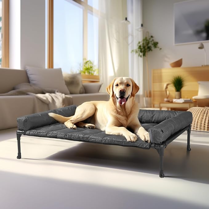 Veehoo Outdoor Elevated Dog Bed with Waterproof Bolster Cushion, Cooling | Raised Dog Bed with Removable & Washable Mat Topper, Breathable Mesh, Dog Couch Cot for Indoor Outdoor, 42", Large, Black