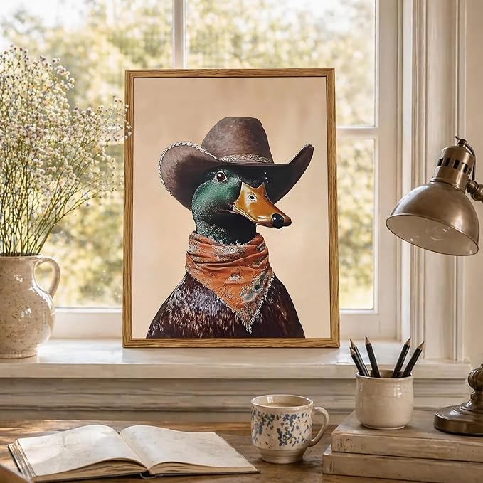 Framed Vintage Western Duck Wall Art, Cowboy Mallard Duck Pictures Wall Decor, Whimsical Farmhouse Animal Paintings Canvas Prints Rustic Home Decor for Living Room Bedroom Bathroom 16x24 inch