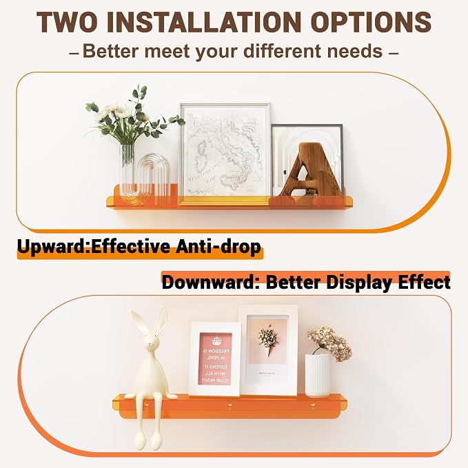 Qukaka Floating Shelves for Wall Decor, 15" Wall Shelves for Bedroom, Living Room, Kitchen, Bathroom Decor, Nail Polish/Book/Decoration/Makeup/Perfume Organizer Floating Shelf-3Pack Clear Orange