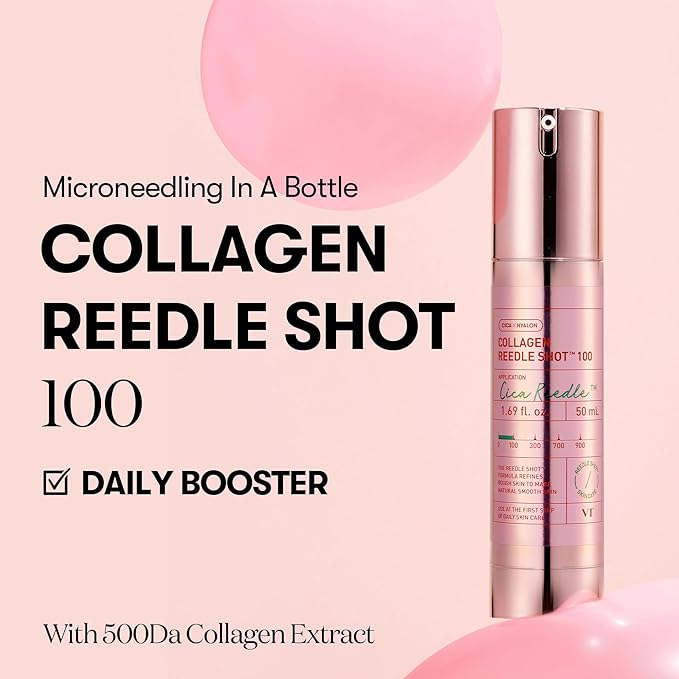 VT COSMETICS Pink Reedle Shot 100, Collagen Microneedling Serum, Firming & Elasticity, 500Da Collaagen Extract, Soft & Glass Skin, Pink Collaagen Serum, Korean Skin Booster 1.69Fl Oz(50ml)