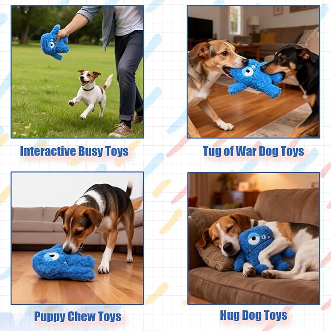 Monster Stuffed Squeaky Dog Toy, Crinkle Dog Plush Toy, Blue | Soft Lightweight Toy for Fetch and Chew, Interactive Outdoor Indoor Play for Tug, Birthday Gift, For Puppy Small Medium Dog