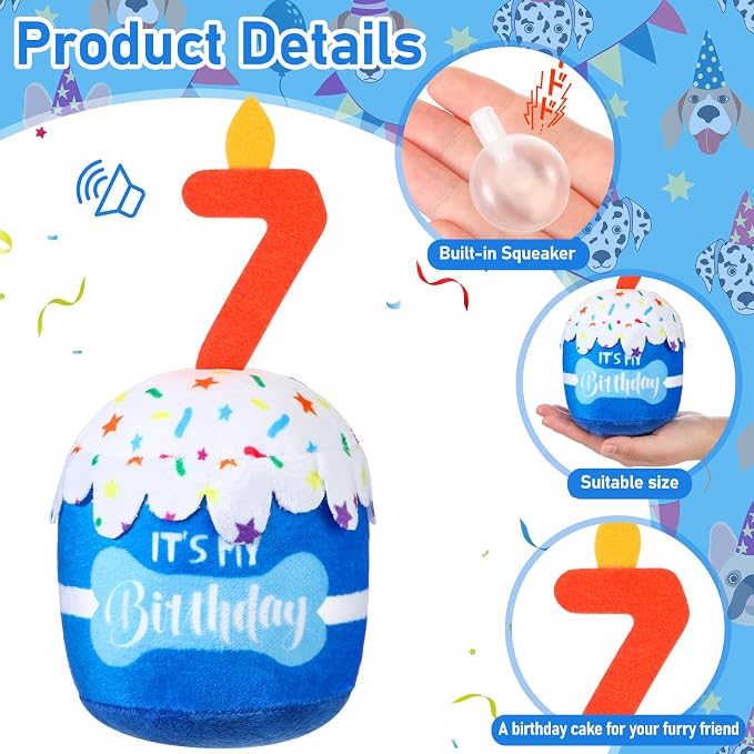 Dansydaisy Dog Birthday Cake Toy Squeaky Plush Gift,7th,Blue