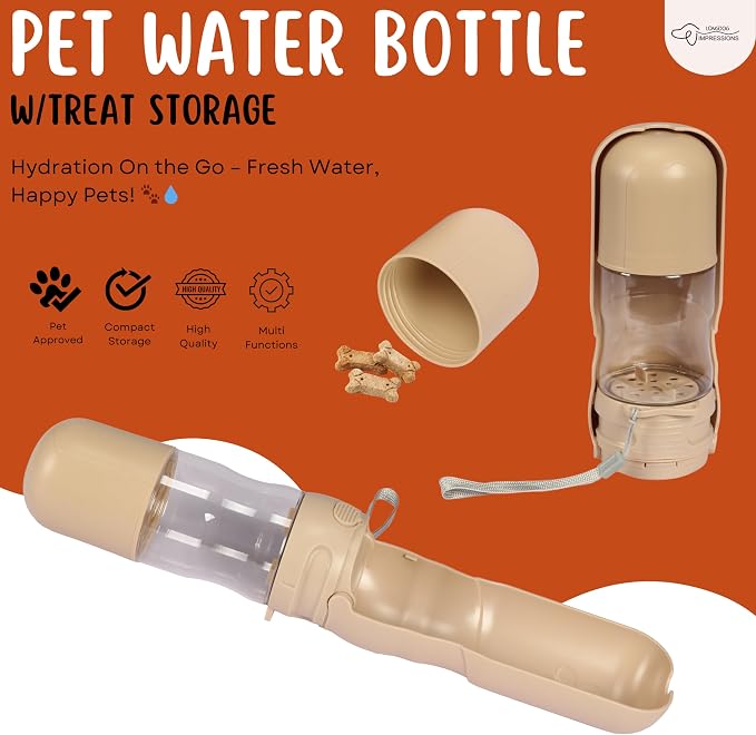 2-in-1 Portable Pet Water Bottle with Treat Storage, BPA-Free Leak-Proof Travel-Friendly Dog & Cat Hydration Dispenser for Walks