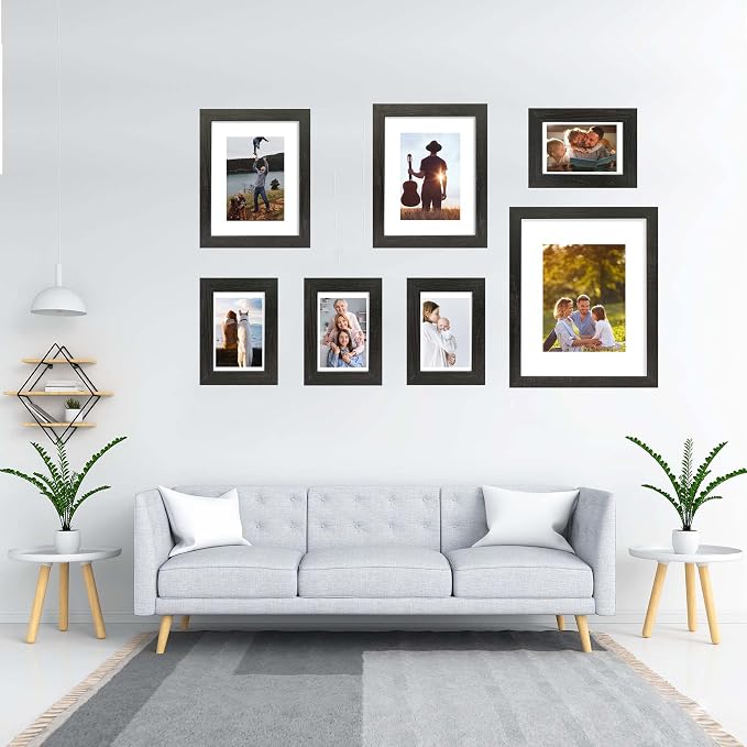 Hongkee 8x10 Picture Frame Set of 4, Made of Real Glass and Rustic Black Wooden Frame, 8 by 10 Photo for Wall or Tabletop - Display Picture 5x7 with Mat or 8x10 Without Mat