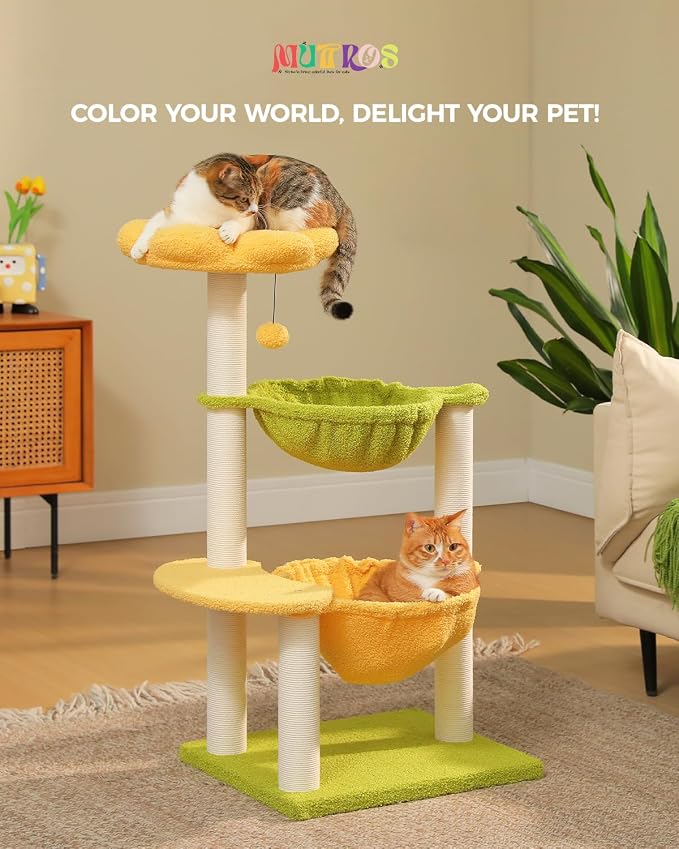37.4" Flower Cat Tree with 2 Hammocks & 6 Sisal Posts, Yellow | Flower top perch, 2 spacious hammocks, 6 sisal posts, Cute small tower, For indoor kittens, Sturdy build
