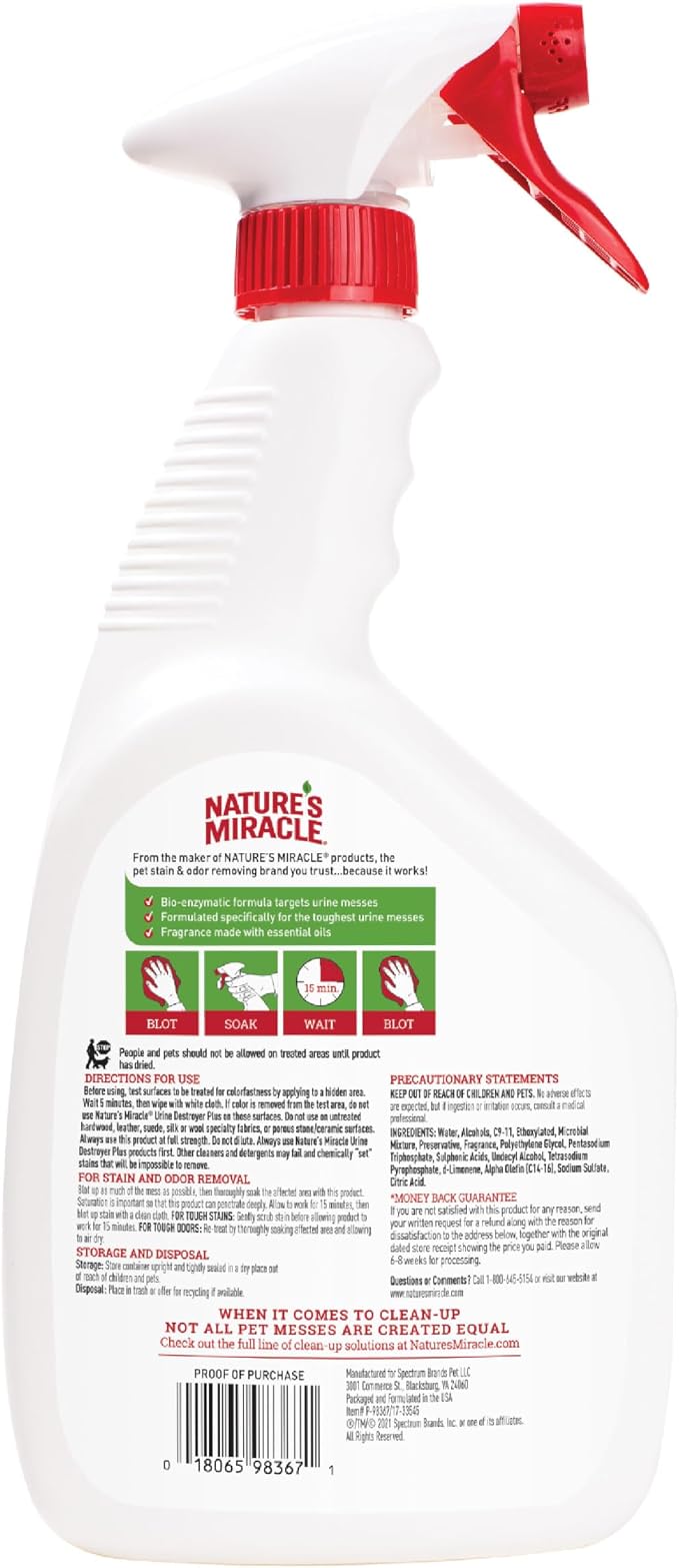 Nature's Miracle Cat Urine Destroyer Plus, Enzymatic Cleaner, 32 oz | Destroys the Toughest Cat Urine Stains, For Use on Multiple Surfaces, Safe For Pets and Home*, Fresh Scent