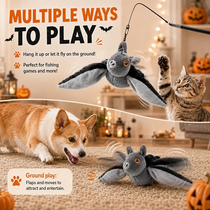 Flying Bat Toy for Dogs & Cats, Flapping Wings Interactive Pet Toy, Flapping Bat Toy with Chirping Engages Cats and Dogs, Cute Interactive EET Teaser, Flapping Wings Cute Bat