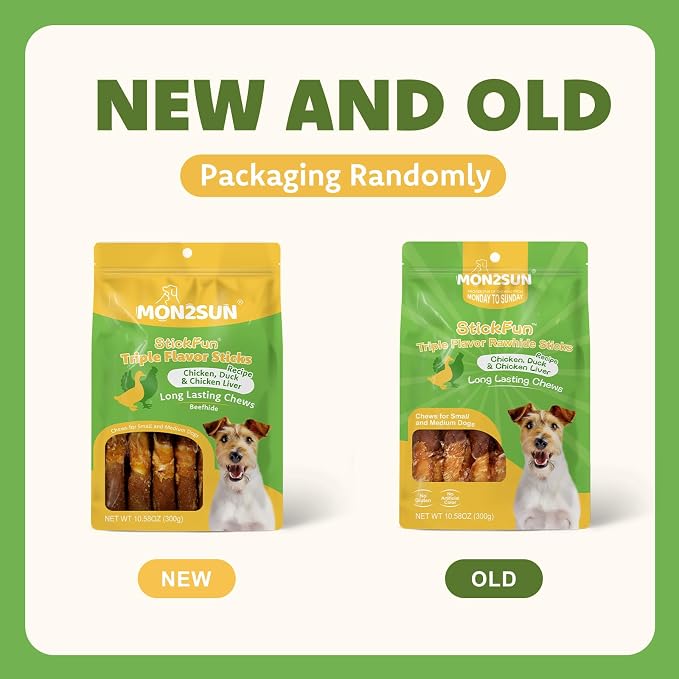 MON2SUN Dog Treats, 5 Inch Triple Flavor Wrapped Rawhide Sticks, 21.16 oz | 30 Count, Chicken Liver, Duck and Chicken Recipe, Long-Lasting Chew, Support Dental Health, for Small and Medium Dogs