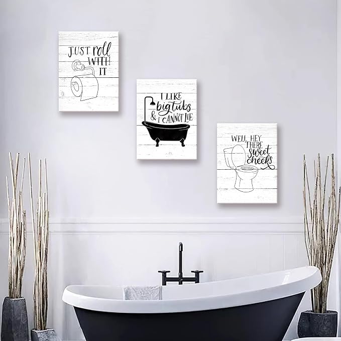 Funny Bathroom Canvas Wall Art Black and White Toilet Bathtub Bath Set Poster Print 3 Pieces Bathroom Quotes Painting Retro Wood Style Artwork for Restroom Farmhouse Bath Bathroom Decor 12"x16"(30x40cm)