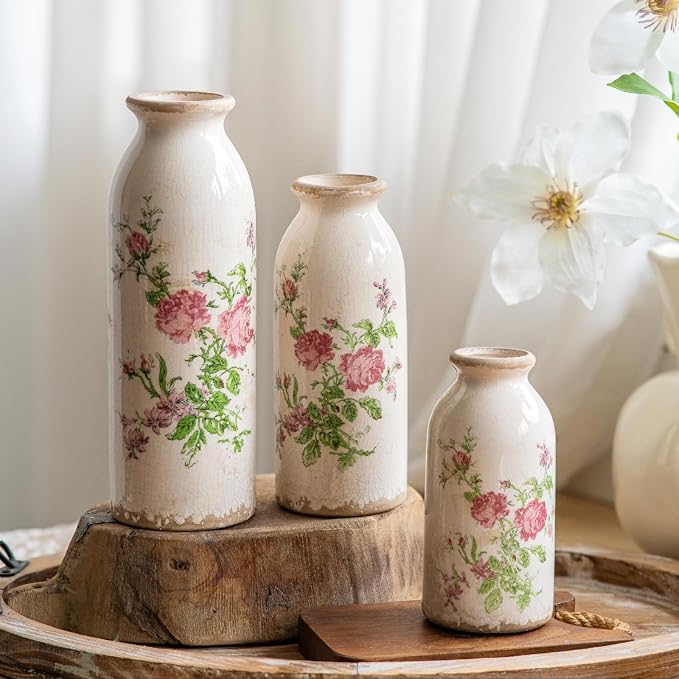 Vintage Vase Set of 3, Ceramic Vintage Flower Vases, Decorative Home Decor Retro Floral Vase Rustic Farmhouse Decor for Table Bookshelf Mantel Kitchen Living Room Office - Pink Flower