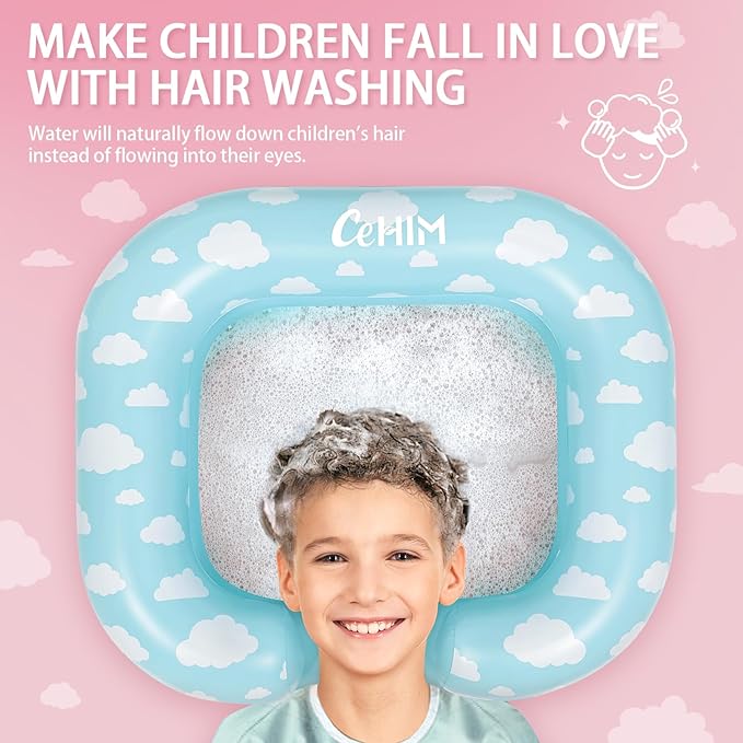 Inflatable Shampoo Basin for Kids - Hair Washing Basin for Children,Teens,Toddler With Neck Support, Portable Shampoo Bowl for use In Bed,on Bathtub,On Floor,or Sink,Tear-Free Rins