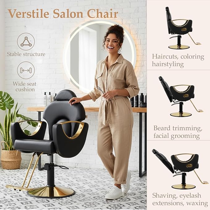 Black Salon Chair for Hair Stylist, Professional Barber Chairs Barbershop Hair Stylist Chair with Heavy Duty Hydraulic Pump, 360° Braiding Styling Hairdresser Chairs for Spa Home Euipment, Cold Black