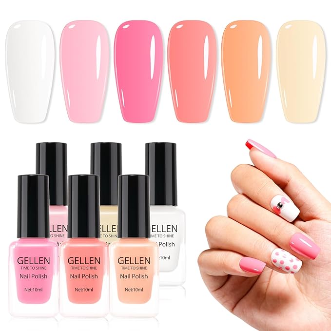 GELLEN Nude Pink French Nail Polish, Quick Air Dry Non-gel Regular Nail Polish No Light Needed for Finger Toe & Fake Nails | 6-color Spring Summer, Apply 2 Thin Coats | Toxin TPO HEMA Free, No Chip