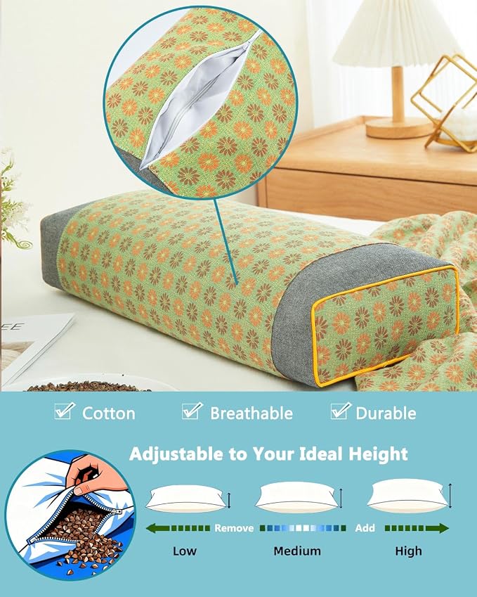 Rectangular Buckwheat Neck Pillows,19.6"x9.8" Flat Cervical Support Pillows for Sleeping, Adjustable Buckwheat Hull Filling for Neck Pain Relief, with Floral Pattern Washable Covers,Green