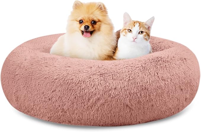 SAVFOX 23 inches Calming Donut Dog Bed - 3X Durable Plush Faux Fur, Machine Washable & Non-Slip, Fits up to 25 lbs, Pink