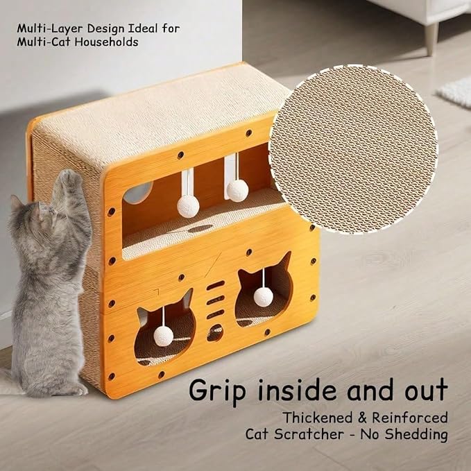 3-in-1 Scratcher Cat House – Save Your Furniture Combines Play Cave, Cozy Bed & Scratching Pad. Durable Cardboard, Reduces Stress. Ideal for Indoor Cats Who Love to Scratch, Play & Nap (MD-CAT2)