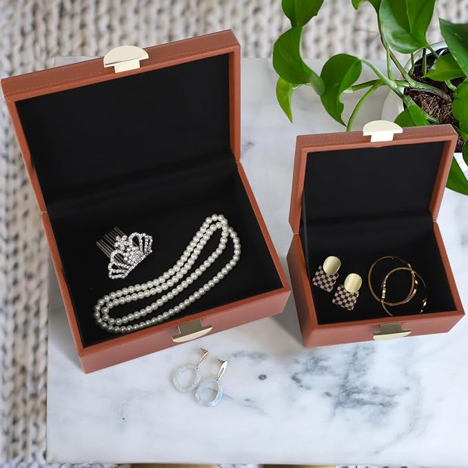 HofferRuffer Faux Leather Jewelry Boxes, Decorative Boxes Storage Accessory Organizer with Gold Hardware Decor, Classic Vegan Leather Set of 2 Pieces (Brown)