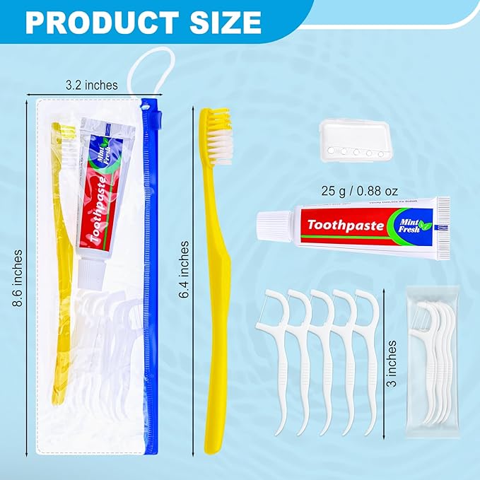 Xuezoioy 50 pcs Disposable Toothbrushes with Toothpaste and Floss Set,Yellow Individually Wrapped Bulk Single Use Toothbrush Floss Cover Travel Toothbrushes Kit with Zip Bag for Homeless,Hotel,Guest