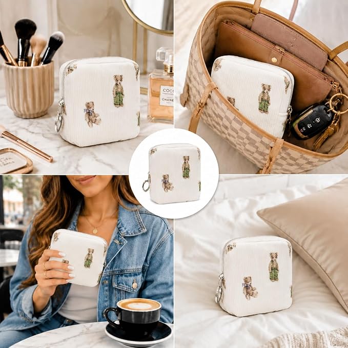 Period Bag for Girls, Corduroy Period Kit with Sanitary Pad Pouch, Menstrual Storage Bag and Tampon Holder for Purse, Girls School Essentials,Feminine Care Organizer(Cute Bear)