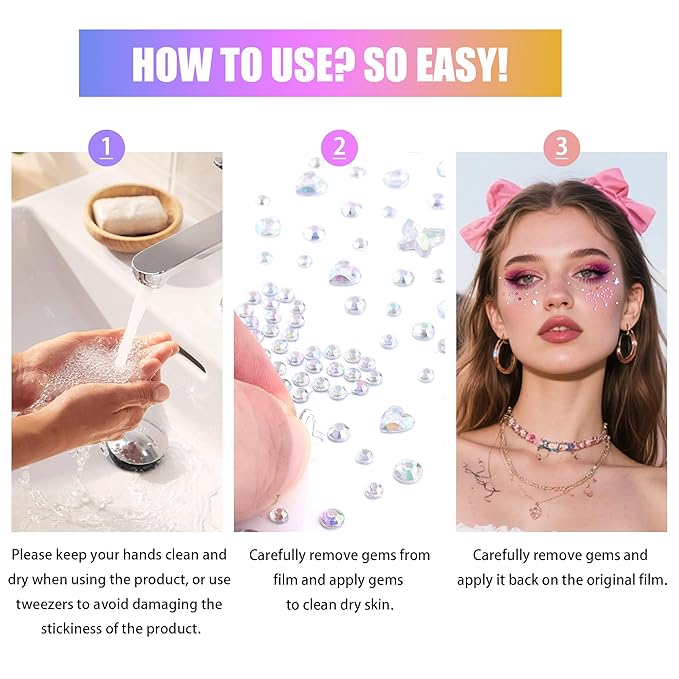 SAOROPEB 5 Sheets Face Gems Face Jewels Stickers, Self Adhesive Eye Body Face Nail Crystal Rhinestones Rainbow for Women Festival Accessory and Nail Art Decorations