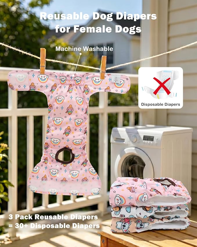 CuteBone Dog Diapers Female Washable Small Medium Large 3 Pack Reusable Doggie Diapers Puppy Period Pants for Doggy Heat Cycle Peeing
