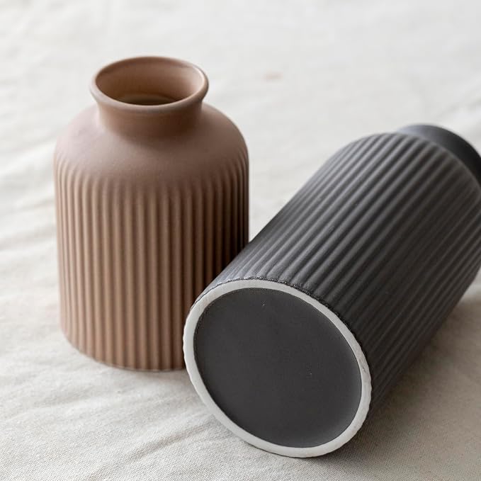 Large Modern Ceramic Vase Set, Black Ribbed Matte Finish, 3-Piece Decorative Vases for Home Living Room Office, 10 inch Tall, 4 inch Width (XL Black Mix)