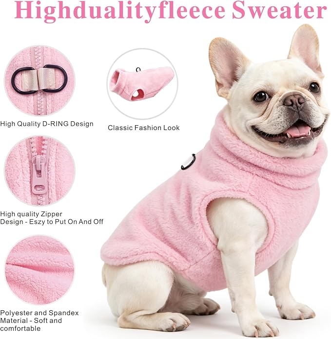 Idepet Dog Fleece Vest Sweater Zip Up Warm Pullover Dogs Jacket with D-Ring Leash Winter Cold Weater Coat Pet Sweatershirt Clothes Hoodie for Small Medium Dogs Boy Girl (Pink, XL)