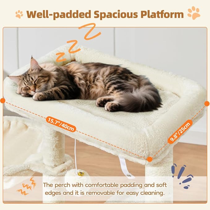 Taoqimiao Cat Tree, 38.5In Cat Tower for Indoor Cats, Suitable for Kittens | Thick Padded Top Perch, Luxurious Cat Condo, Adjustable Basket, 1-Piece Ramp Scratcher, 3 Natural Sisal Posts, Beige, MS029SM