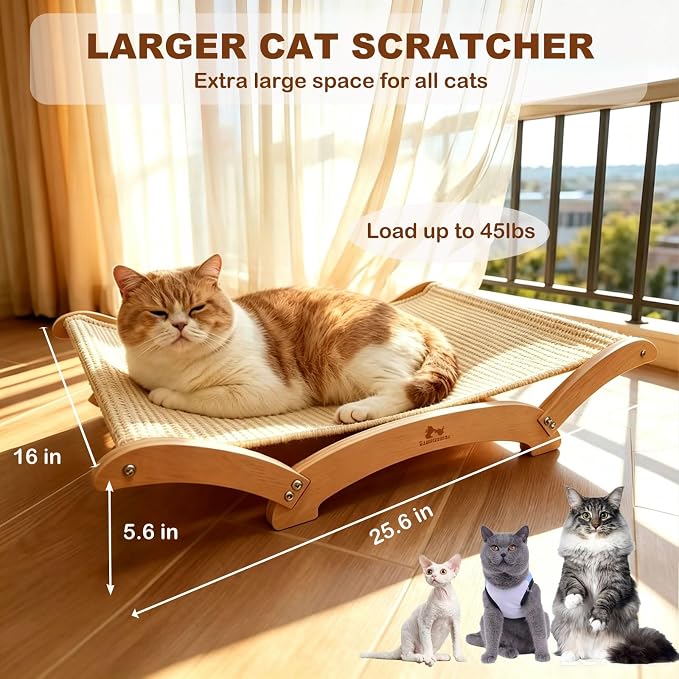 Extra-Large Sisal Cat Scratcher Bed for Indoor Cats, Cat Scratching Post with Hammock Nartural Sisal Scratch Pad for Large Cats Scratcher Lounge Chair, Wooden Cat Furniture (Light Nartural)
