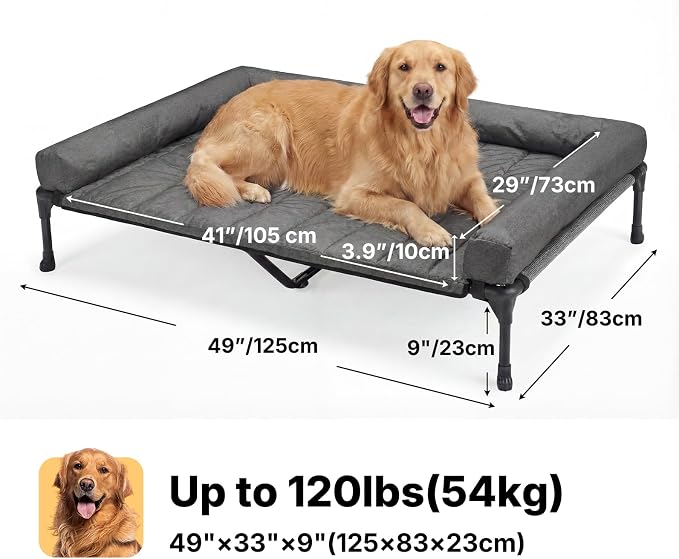 Veehoo Outdoor Elevated Dog Bed with Waterproof Bolster Cushion, Cooling | Raised Dog Bed with Removable & Washable Mat Topper, Breathable Mesh, Dog Couch Cot for Indoor Outdoor, 49", Large, Melange